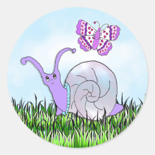 Cute Purple Snail and Butterfly Whimsical Classic Round Sticker