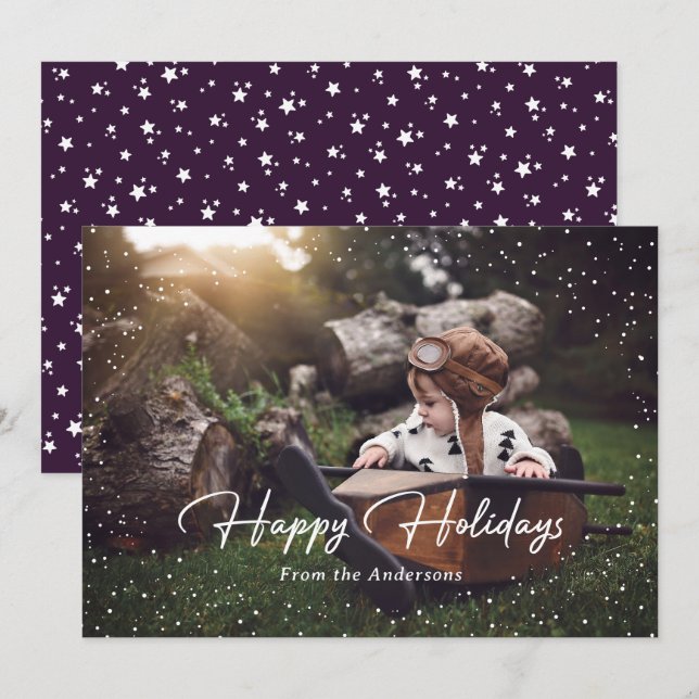 Cute Purple Snow Stars Photo Holiday Card (Front/Back)