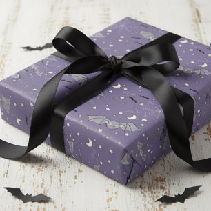 Cute Purple Spooky Bats Halloween Pattern Wrapping Paper