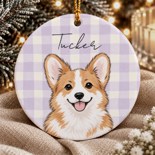 Cute Purple Striped Corgi Monogram Ceramic Ornament