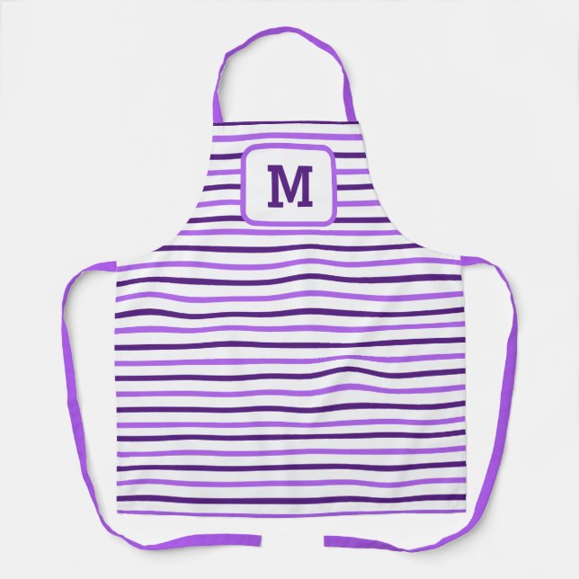 Cute Purple Stripes Custom Single Initial White Apron (Front)