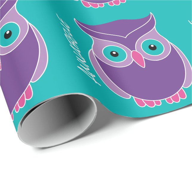Cute Purple Teal Adorable Owl Personalized Girls Wrapping Paper (Roll Corner)