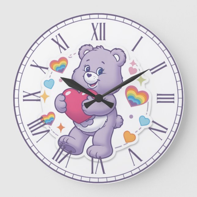 Cute Purple Teddy Bear Hugging Heart Valentine Nur Large Clock (Front)
