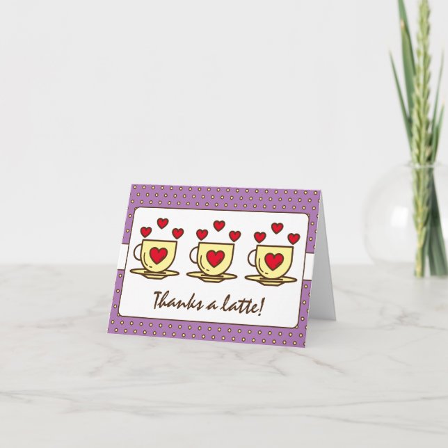 Cute Purple Thanks A Latte With Hearts Coffee Thank You Card (Front)