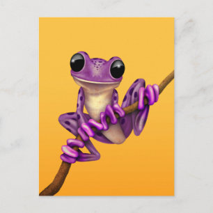 Cute Purple Tree Frog on a Branch on Yellow Postcard