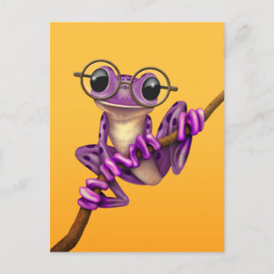 Cute Purple Tree Frog with Eye Glasses on Yellow Postcard