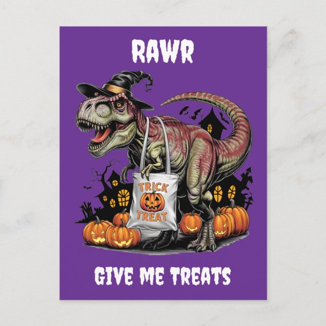 cute purple trex with witches hat personalized postcard (Front)