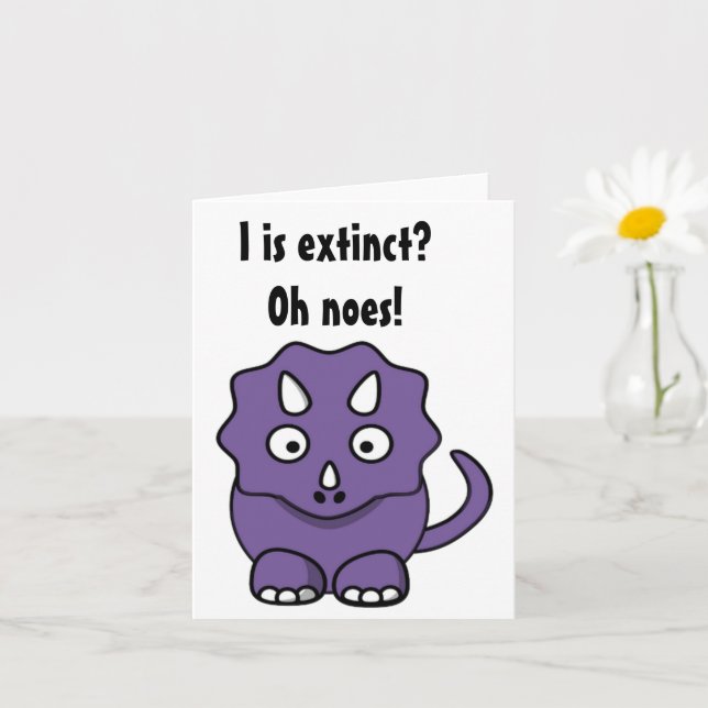 Cute Purple Triceratops Cartoon with Funny Extinct Card (Small Plant)