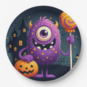 Cute, purple trick-or-treating monster paper plate