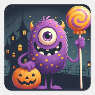 Cute, purple trick-or-treating monster square sticker