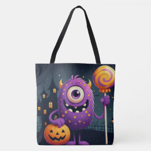 Cute, purple trick-or-treating monster tote bag