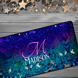 Cute purple turquoise ombre glitter monogram desk mat
