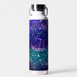 Cute purple turquoise ombre glitter monogram water bottle