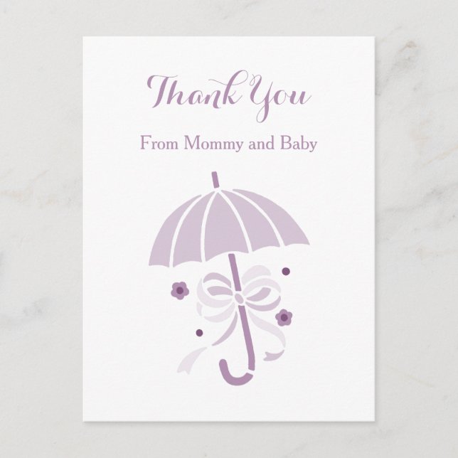 Cute Purple Umbrella and Bow Baby Shower Thank You Announcement Postcard (Front)