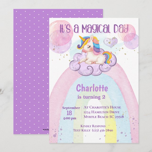 Cute Purple Unicorn 2nd Birthday Rainbow   Invitation (Front/Back)
