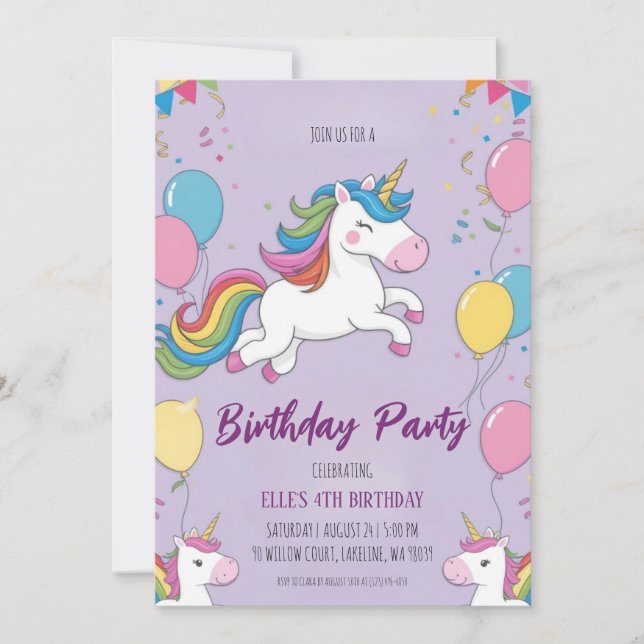 cute purple unicorn birthday invitations (Front)