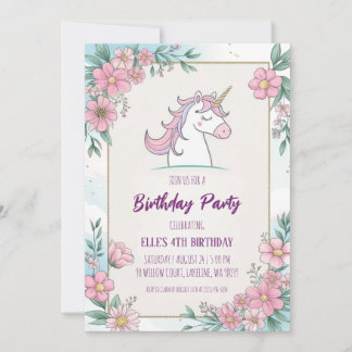 cute purple unicorn birthday invitations