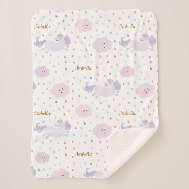Cute Purple Unicorn Girl's Personalized Sherpa Blanket (Front)