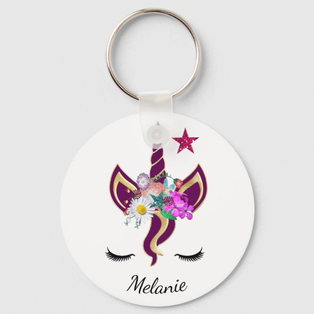 Cute Purple Unicorn Horn Personalised Keychain (Front)