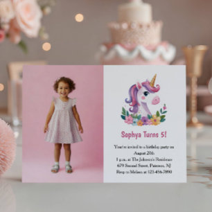 Cute Purple Unicorn Photo Kids Birthday Party Invitation