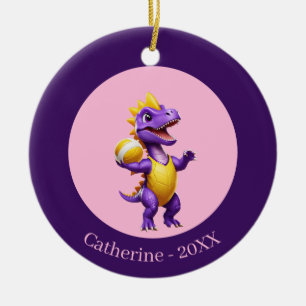 Cute purple volleyball dinosaur ceramic ornament
