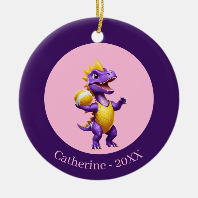 Cute purple volleyball dinosaur ceramic ornament (Front)