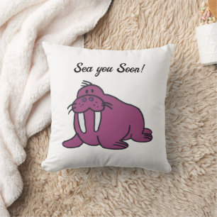 Cute Purple Walrus Cartoon, Friendly Ocean Nature Throw Pillow