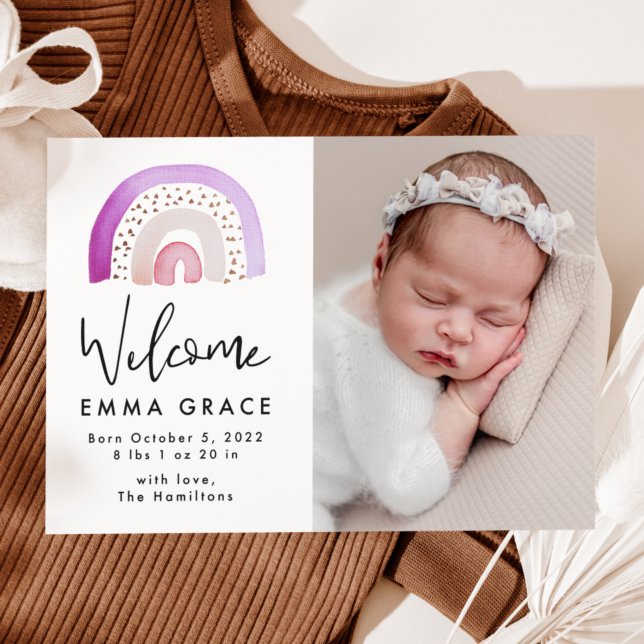 Cute Purple Watercolor Rainbow Birth Announcement (Creator Uploaded)
