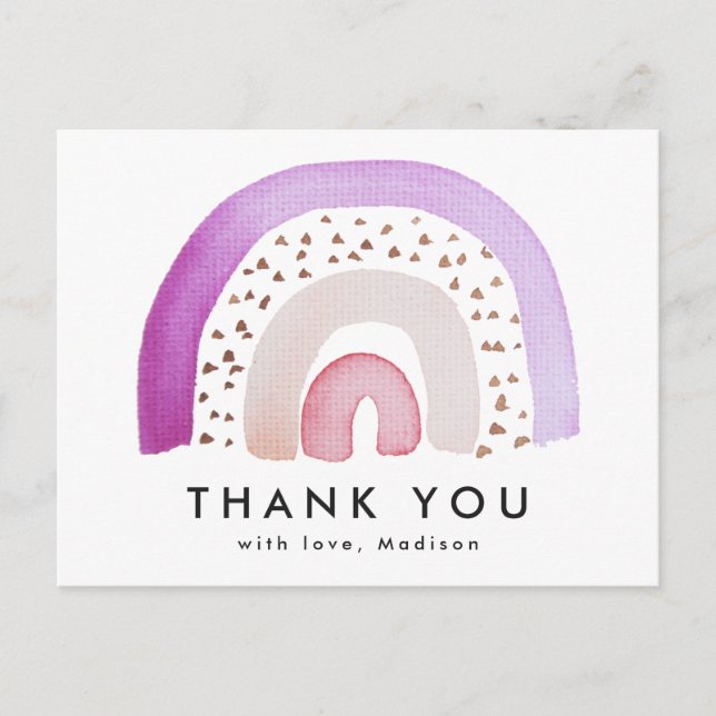 Cute Purple Watercolor Rainbow Thank You Postcard (Front)