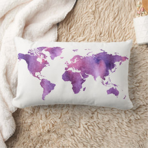 Cute Purple Watercolor World Map Travel Lumbar Pillow