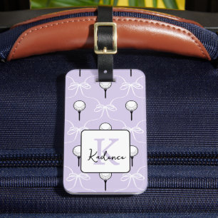 Cute Purple White Bow Golf Pattern Monogram Luggage Tag