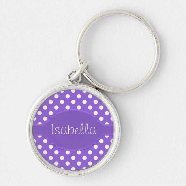 Cute Purple & White Polka Dot Pattern & Nameplate Keychain (Front)