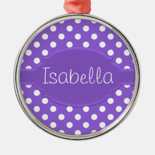 Cute Purple & White Polka Dot Pattern & Nameplate Metal Ornament