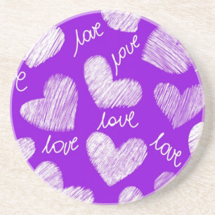 Cute Purple White Scribbled Heart with Love Script Coaster