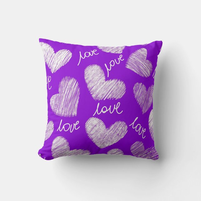 Cute Purple White Scribbled Heart with Love Script Throw Pillow (Front)