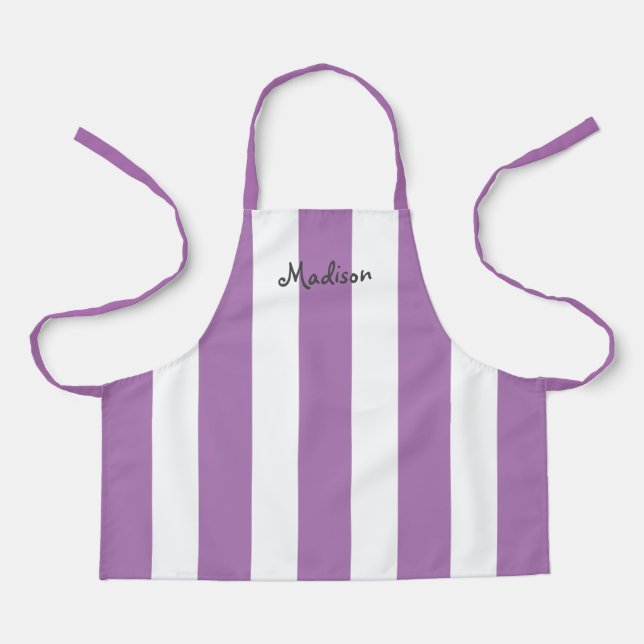 Cute Purple White Stripes Personalized Kids Apron (Front)