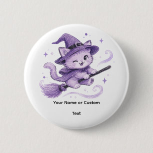 Cute Purple Witch Cat on Broomstick Halloween 2 Inch Round Button