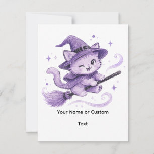 Cute Purple Witch Cat  on Broomstick Halloween Card