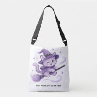 Cute Purple Witch Cat on Broomstick Halloween