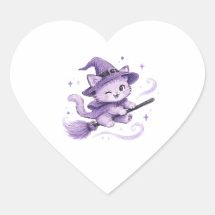 Cute Purple Witch Cat on Broomstick Halloween Heart Sticker