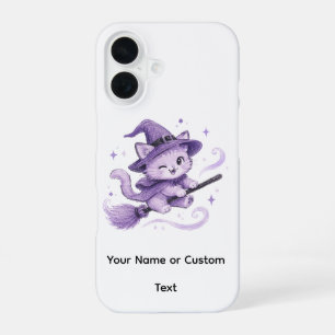 Cute Purple Witch Cat on Broomstick Halloween iPhone 16 Case