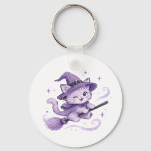 Cute Purple Witch Cat on Broomstick Halloween Keychain