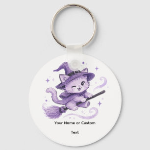 Cute Purple Witch Cat on Broomstick Halloween Keychain