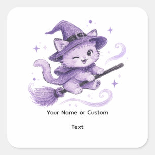 Cute Purple Witch Cat  on Broomstick Halloween Square Sticker