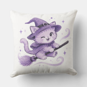 Cute Purple Witch Cat  on Broomstick Halloween Throw Pillow