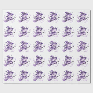 Cute Purple Witch Cat on Broomstick Halloween Wrapping Paper