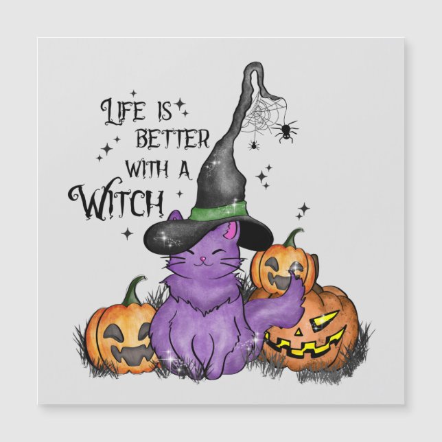 Cute Purple Witch Cat with Jack-O'-Lanterns (Front)