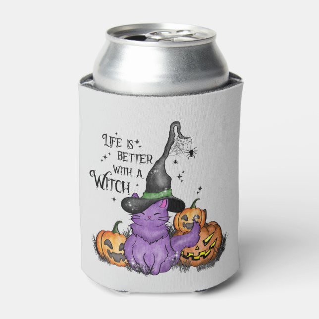 Cute Purple Witch Cat with Jack-O'-Lanterns Can Cooler (Can Front)