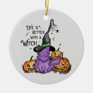 Cute Purple Witch Cat with Jack-O'-Lanterns Ceramic Ornament