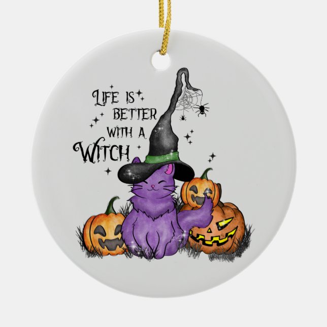 Cute Purple Witch Cat with Jack-O'-Lanterns Ceramic Ornament (Front)